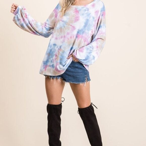 Bibi Tie Dye Terry Top Puff Sleeves Oversized Shirt sz Medium - Picture 1 of 7